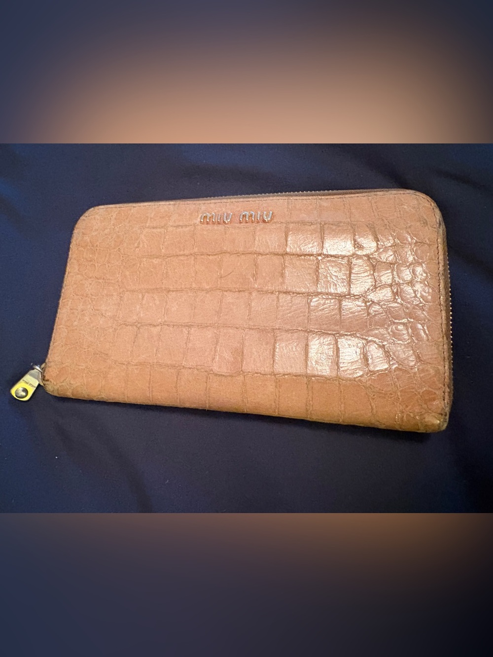 Miu Miu Croc-Embossed Leather Zip Wallet in Tan